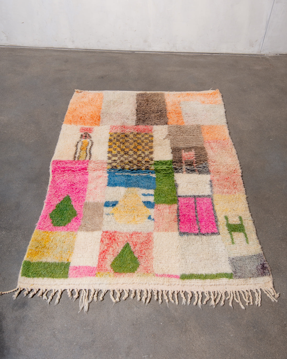 Modern, designer, handcrafted Berber rug from Morocco. Vintage carpet with beautiful colours and patterns and fluffy texture.
